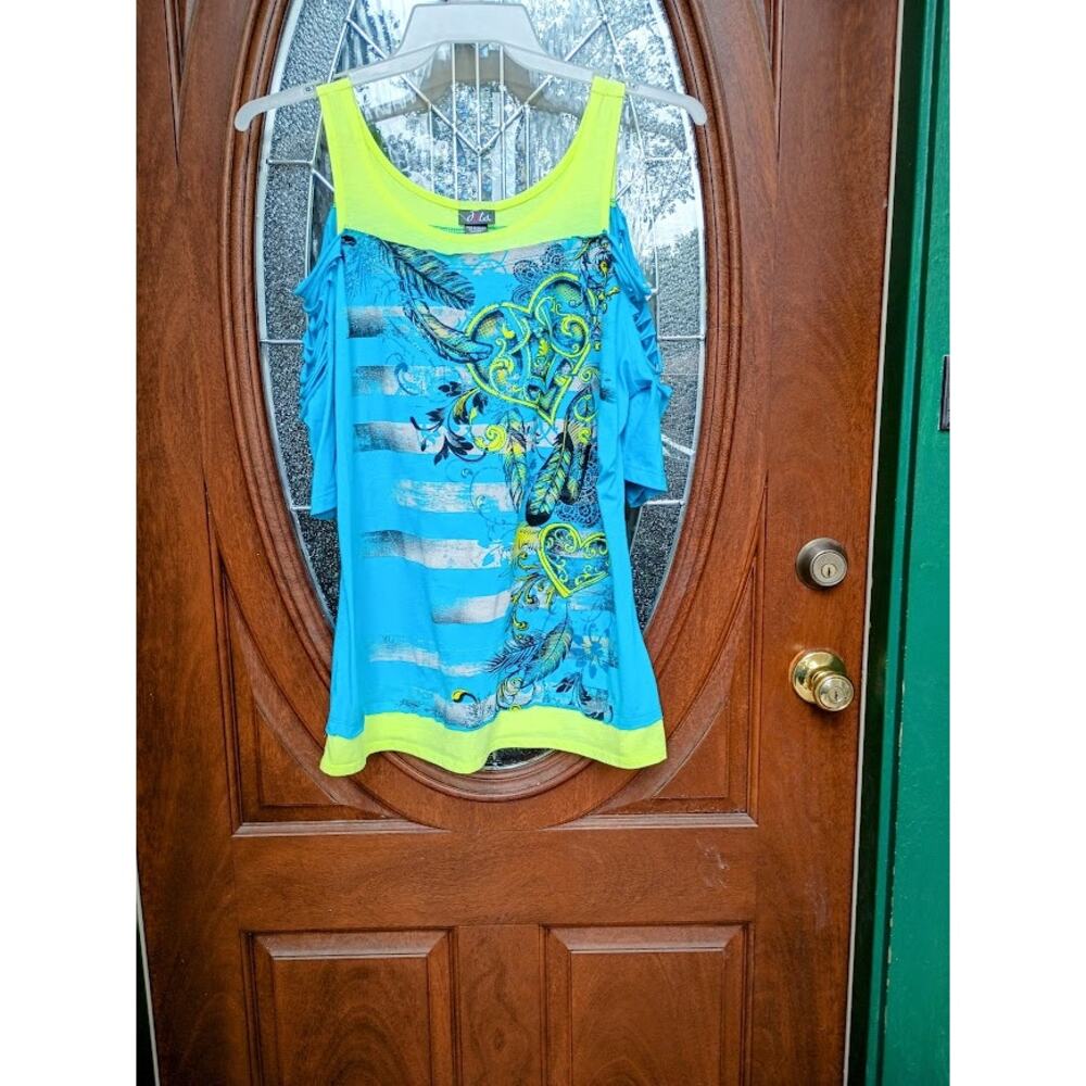 Dots Casual Top Turquoise and Neon Yellow Ruche Sleeves Plus 1X